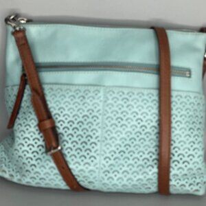 FOSSIL BLUE LEATHER CROSSBODY/SHOULDER PERFORATED BAG/BROWN LEATHER  SILVERTONE
